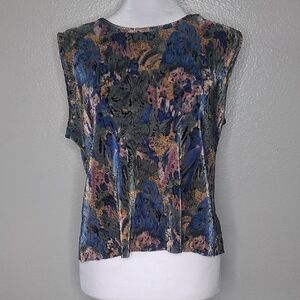 Vtg 90s Plissé Y2K Sleeveless Tank Top Abstract Floral Pleated Fabric Ribbed XL